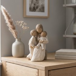 Willow Tree Quietly figur med mor og to b�rn p� en lys kommode.