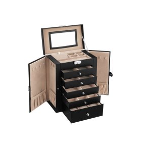 Smykkeskrin m. 6 Lag og 2 Sidelger, sort